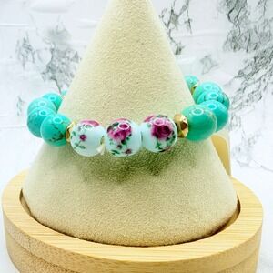 Riah Fashion Turquoise Glass Floral Bead Stretch Bracelet New Gift Ready